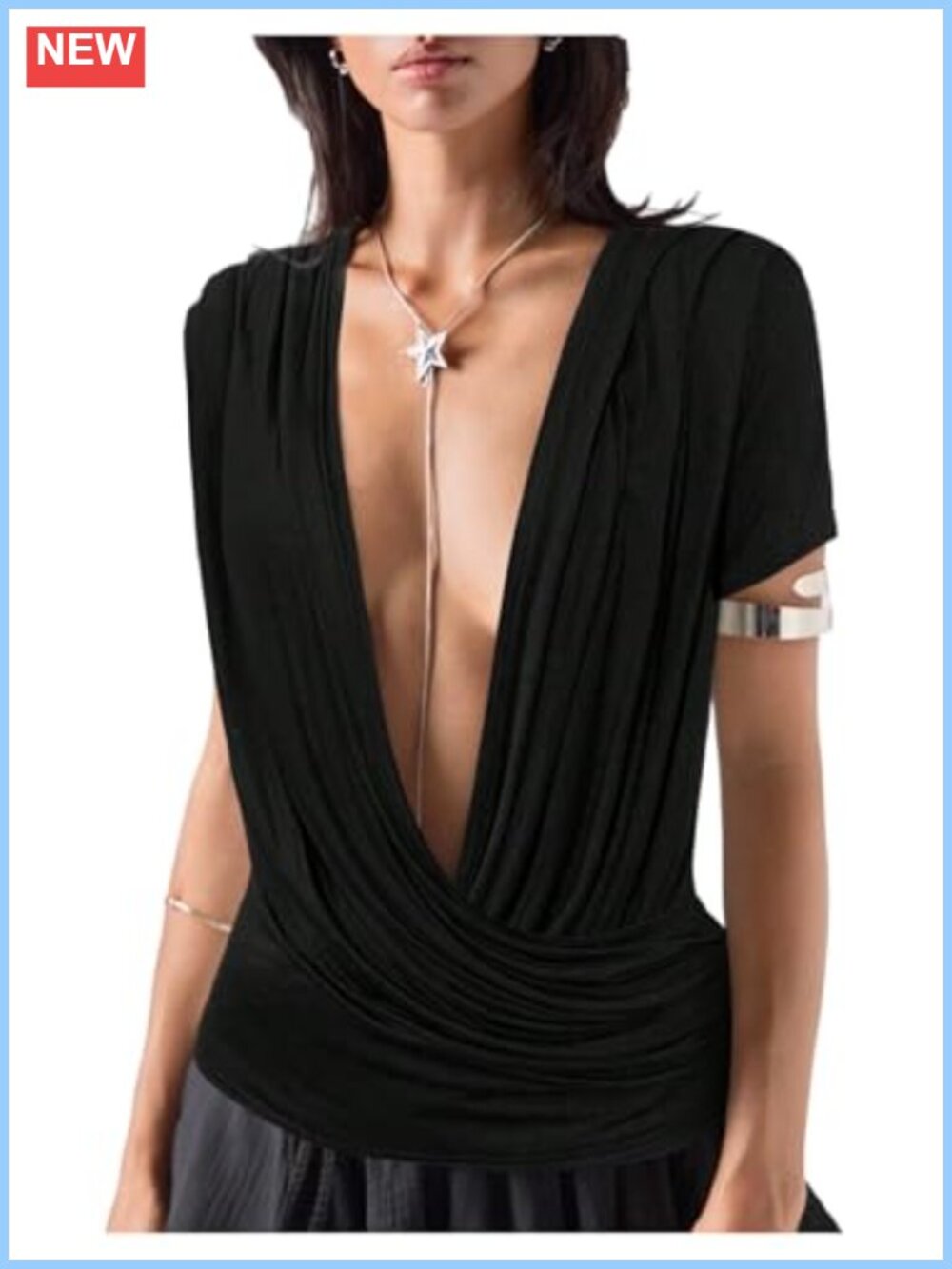 Viscose Cowl Neck Ruch Front Short Sleeve T-Shirt